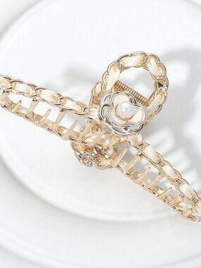 Floral Accent Chain Hair Claw Clip with Faux Pearl Center - White